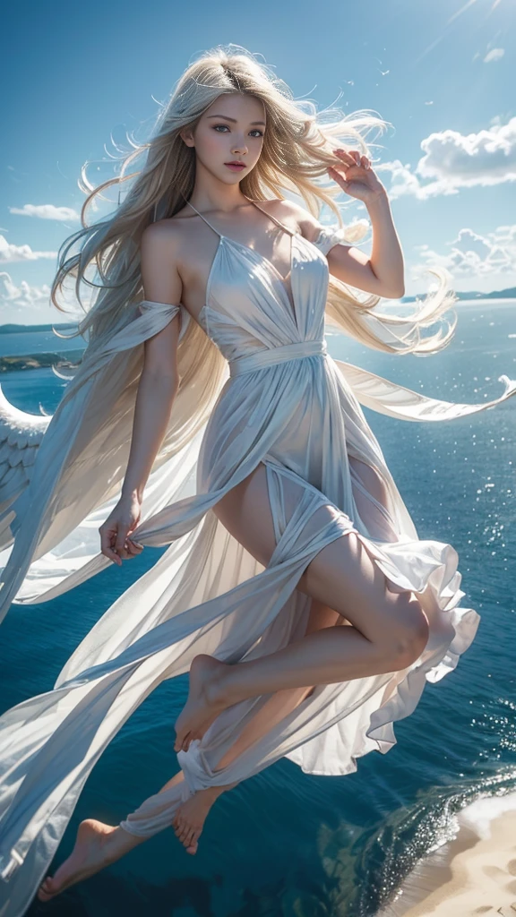 ((A serene summer scene with an ultra-high-definition, realistic angel flying gracefully in the sky)), The angel is facing towards the camera with lifelike facial features and detailed textures, The angel has intricately detailed white wings, fully extended as it soars through the air in an elegant, natural pose, The angel has platinum blonde hair flowing gently in the wind, with realistic light reflections and highlights, emphasizing the sensation of movement, The angel is dressed in a flowing white outfit, adding a sense of purity and grace, The angel holds a silver staff, adding a touch of mystique and power, The theme color of the scene is blue, reflected in the angel's attire, the sky, and the overall color palette The background features a clear summer sky with a soft, highly detailed rainbow arching across it, enhancing the feeling of wonder and beauty, ((The scene takes place in a celestial world, with floating islands and ethereal clouds, adding a magical and otherworldly atmosphere Soft, white clouds accompany the rainbow, adding depth to the sky)), Below, a green land and blue ocean are visible from a high angle, with realistic lighting and shadows, The landscape features gently rolling hills and a distant, vividly detailed sea, as seen from a high vantage point in this sky-bound world, The image is captured in a vertical 9:16 aspect ratio, emphasizing ultra-realistic textures, depth, and the dynamic nature of flight in a heavenly realm,"full-body shot","elegant attire"