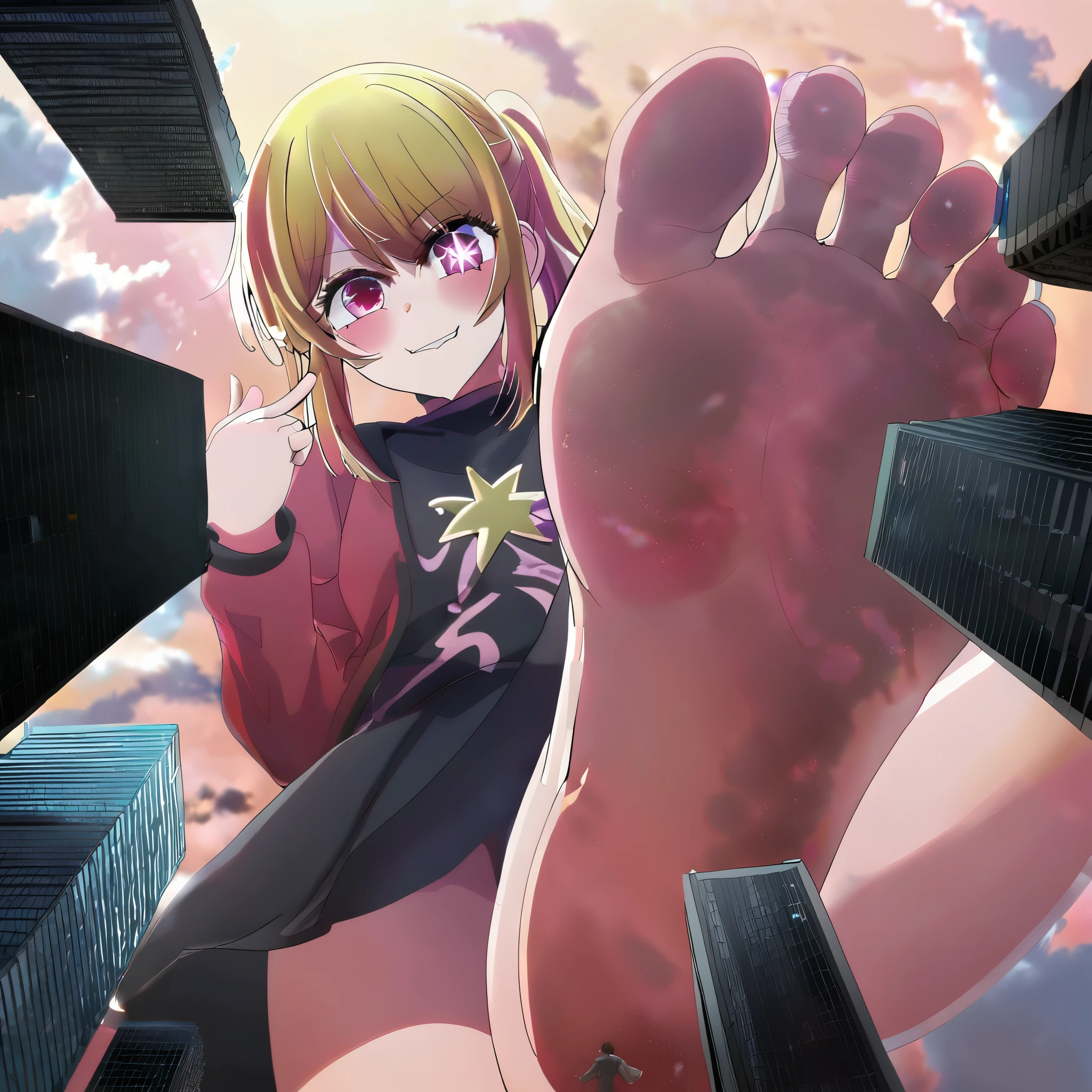 1 girl, oshi no ko, ruby hoshino, stepping,(pov from above:1.3), stepped on, pov, low angle, no shoes, feet, looking down, toes, one foot out of frame, leg lift, foot focus, barefoot, standing on one leg,  depth of field, outdoors,( foreshortening:1.2), facial blur, blurry face, building, city, sky, cloud, giantess, mega size, masterpiece, best quality, absurdres, ultra detailed, detailed smirk, glaring, blonde, 6 pointed star pupil on right eye, five toes, detailed star pupil, full body shown, stinky feet, extremely dirty feet, detailed dirty feet, detailed full body, a fuck you finger to the viewer