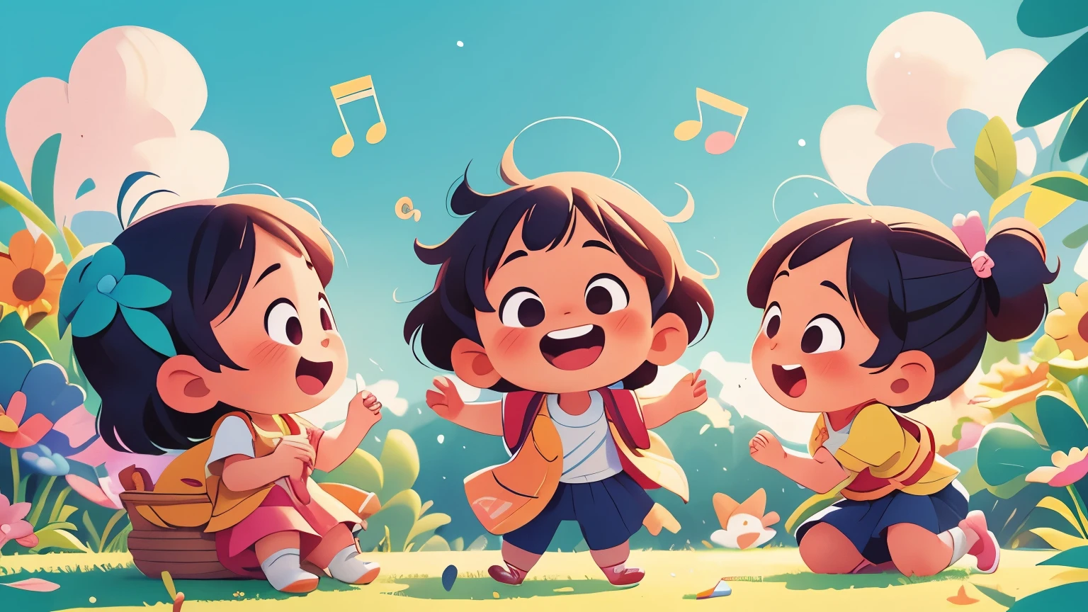 Children singing together happily, with colorful musical notes and a joyful atmosphere. Text overlay: 'Mari kita nyanyi bersama, Belajar abjad sambil bersuka, Dengan lagu hewan yang seru, Ayo mulai dari A to Z.' Background: Bright, cheerful park with blue sky and fluffy clouds. inspired by Goro Fujita, promotional art, illustration for children, by Choi Buk, by Murakami, 2d digital illustration