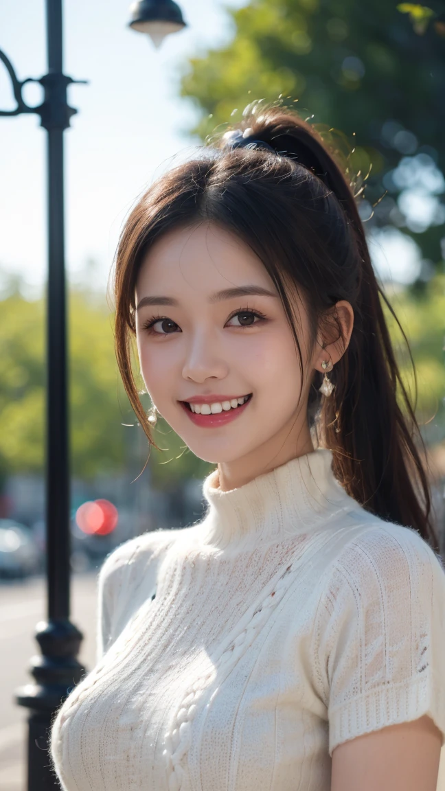 highest quality, masterpiece, ultra high resolution, (realistic:1.4), (close portrait) Raw photo, 1 girl, 22 years old, (((Black turtleneck back open knit dress white))), masterpiece, realistic pictures, japanese pictures, fuji negative film, saturation, contrast, Pocari Sweat Advertisement ((small breasts)),((smiling showing teeth)),long hair top ponytail,brown hair,