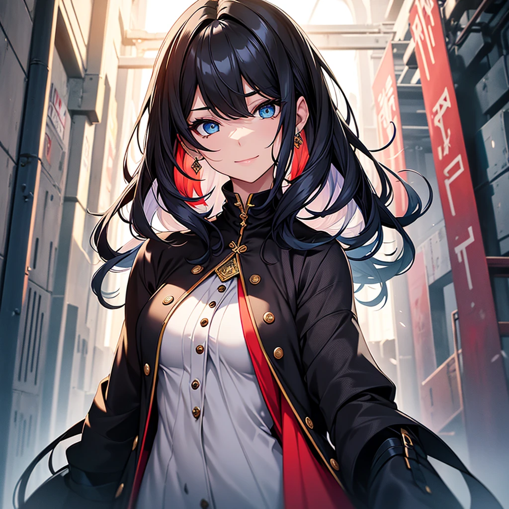 Portray an attractive girl with unique looks and stylish features. She has long, soft black hair with bright red lines, slightly wavy, falling beautifully on the shoulders. Her eyes are large and expressive., with deep, with a smart look, colors of bright azure blue. The face is gentle and refined, With a slight smile, which creates a feeling of warmth and kindness.She is dressed in stylish, but comfortable clothes, combining modern elements with touches of fantasy world - perhaps, is this a dress with magical patterns or a suit, reminiscent of medieval fashion with the addition of modern details. Her appearance emphasizes her confidence and independence..The character's background may contain elements of a fantasy world.: magic light, mysterious symbols or nature, reminiscent of scenes from fantasy stories. Despite this,, she looks friendly and open, with a warm and caring expression on his face, which conveys her empathy and willingness to support others..