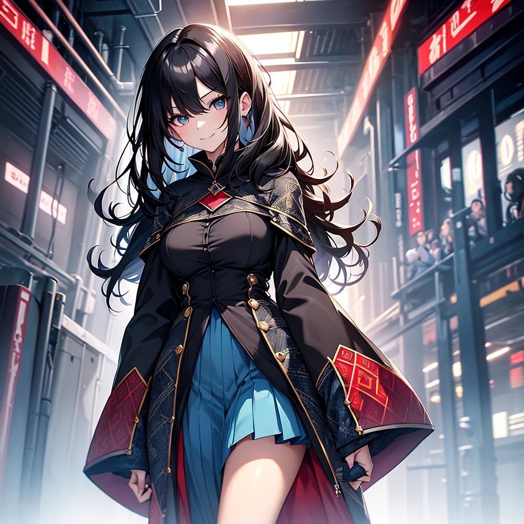 Portray an attractive girl with unique looks and stylish features. She has long, soft black hair with bright red lines, slightly wavy, falling beautifully on the shoulders. Her eyes are large and expressive., with deep, with a smart look, colors of bright azure blue. The face is gentle and refined, With a slight smile, which creates a feeling of warmth and kindness.She is dressed in stylish, but comfortable clothes, combining modern elements with touches of fantasy world - perhaps, is this a dress with magical patterns or a suit, reminiscent of medieval fashion with the addition of modern details. Her appearance emphasizes her confidence and independence..The character's background may contain elements of a fantasy world.: magic light, mysterious symbols or nature, reminiscent of scenes from fantasy stories. Despite this,, she looks friendly and open, with a warm and caring expression on his face, which conveys her empathy and willingness to support others..