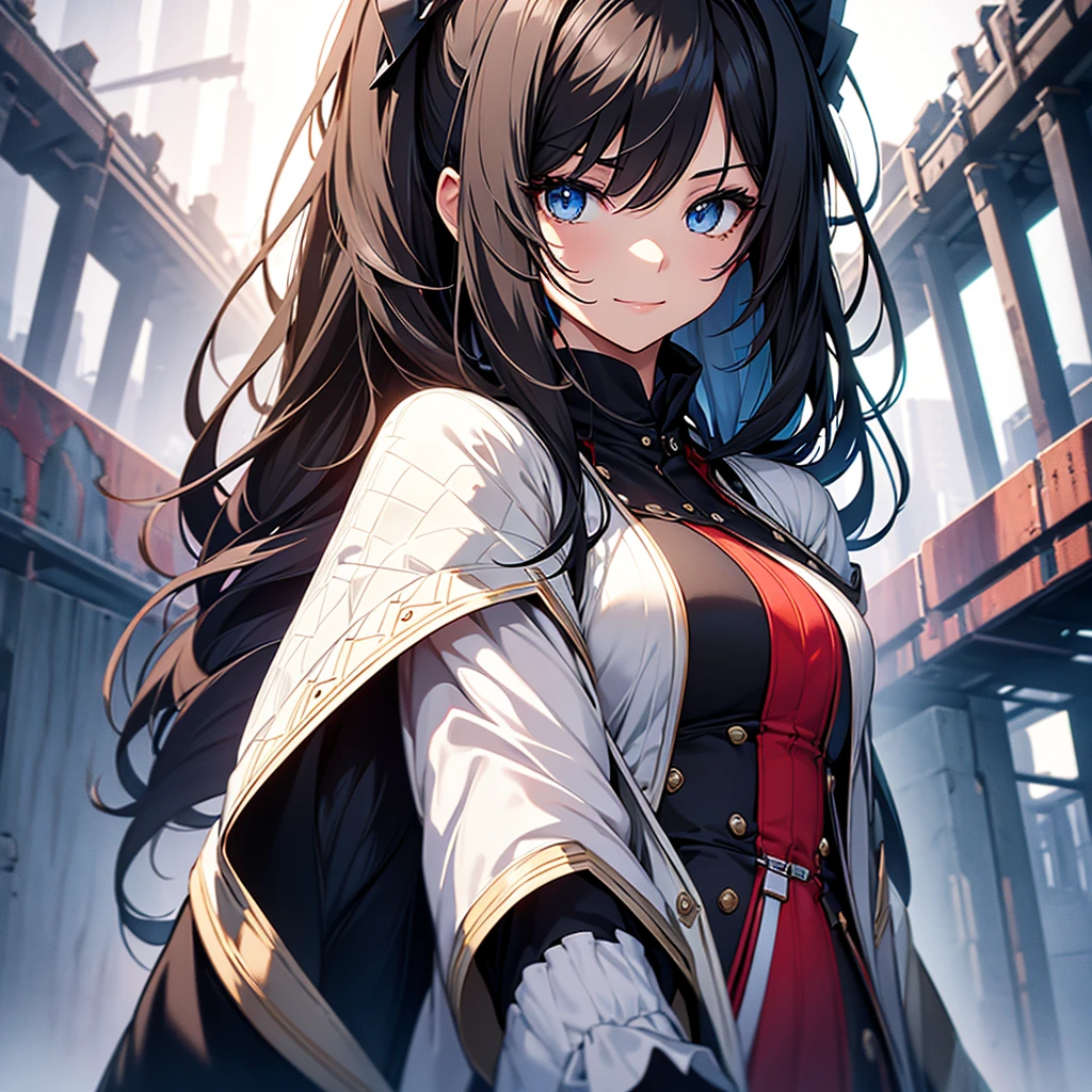 Portray an attractive girl with unique looks and stylish features. She has long, soft black hair with bright red lines, slightly wavy, falling beautifully on the shoulders. Her eyes are large and expressive., with deep, with a smart look, colors of bright azure blue. The face is gentle and refined, With a slight smile, which creates a feeling of warmth and kindness.She is dressed in stylish, but comfortable clothes, combining modern elements with touches of fantasy world - perhaps, is this a dress with magical patterns or a suit, reminiscent of medieval fashion with the addition of modern details. Her appearance emphasizes her confidence and independence..The character&#39;s background may contain elements of a fantasy world.: magic light, mysterious symbols or nature, reminiscent of scenes from fantasy stories. Despite this,, she looks friendly and open, with a warm and caring expression on his face, which conveys her empathy and willingness to support others..