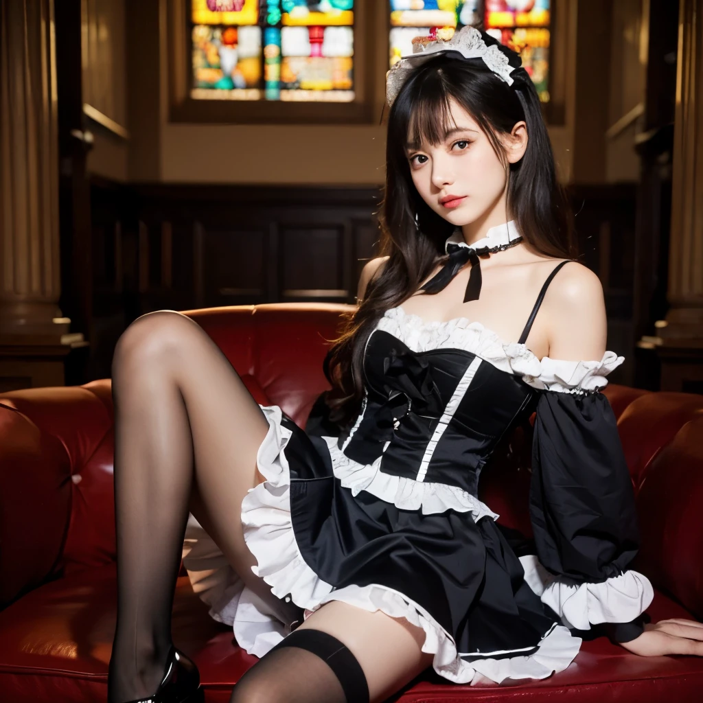Vampire Castle, Sepia, Very high quality、Very detailed, Faint lips,University of California:Realistic glow、Opal-like sparkle、Deep, silky, healthy-looking warm foundation for soft skin, 写真のようにリアルなレイトrace被写界深度, One girl, young . Mid-chest , Skin Dentition, Lower eyelashes, Upper eyelashes, eyeliner, Gothic ruffled dresses, Long skirt, Head ornament, Bow, hair ornaments, Hair Flower, Black fishnet stockings_pantyhose, Garter Straps, race, Cross-laced shoes, Frilled blouse, Sleeves edged with ribbon, Puff sleeves, Bloomers , candlestick, Stained glass, Complex Gothic architecture((Gothic ta Clothing))
