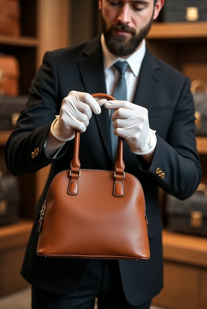 White gloves High-end bag store She is showing a customer a brown luxury brand shoulder bag. Male clerk Wearing a suit
