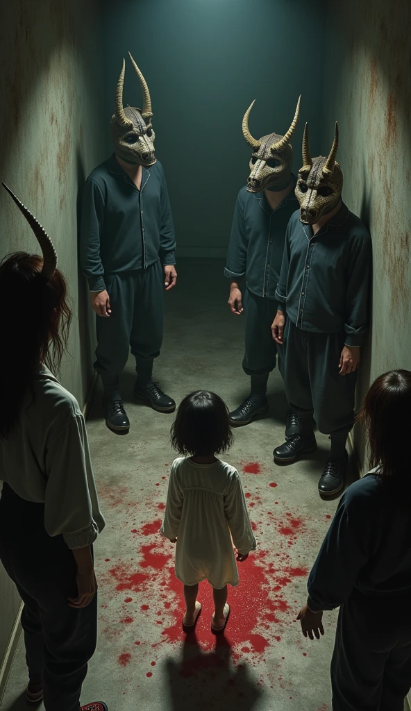 Land of Rakshasa、A torture room decorated with torture instruments、Beautiful 14 year old girl from Japan、(Ruffians wearing demon masks attack a woman)、(Tying up and humiliating his daughter)、(Pajamas), scream、(Scared girl)、hell、(Dim lighting)、A cruel world where people are no longer people、Bird's-eye view、(Grab the girl and strip her)、Masterpiece best quality、Baby Face、Cute girl、R18、No makeup、Various hairstyles、Blood stains on the walls、Realistic