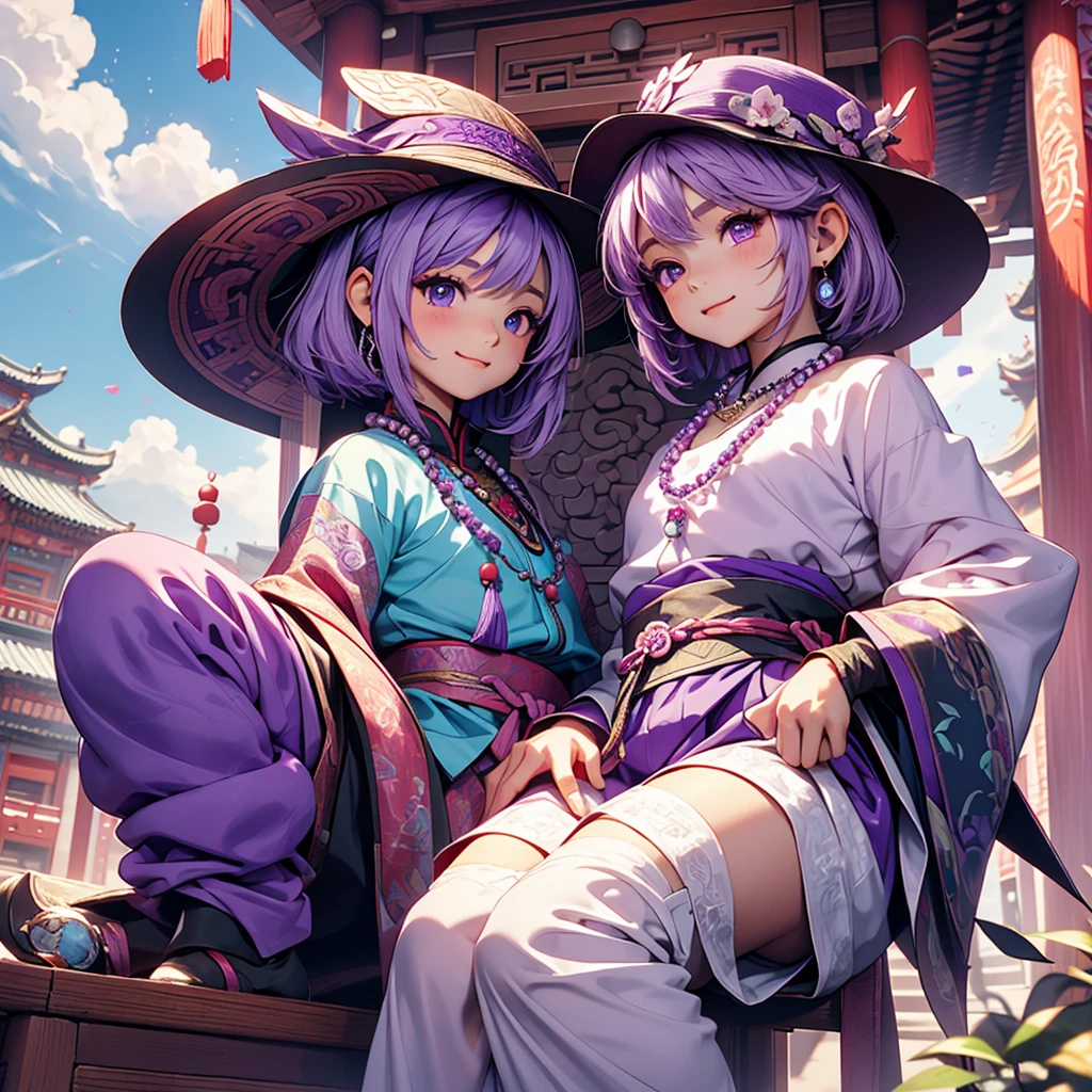 1 little chibi girl, light purple hair, dark purple hat, magenta eyes, purple and blue outfit, long white socks, big beads necklace, chinese clothes, old chinese temple, sky