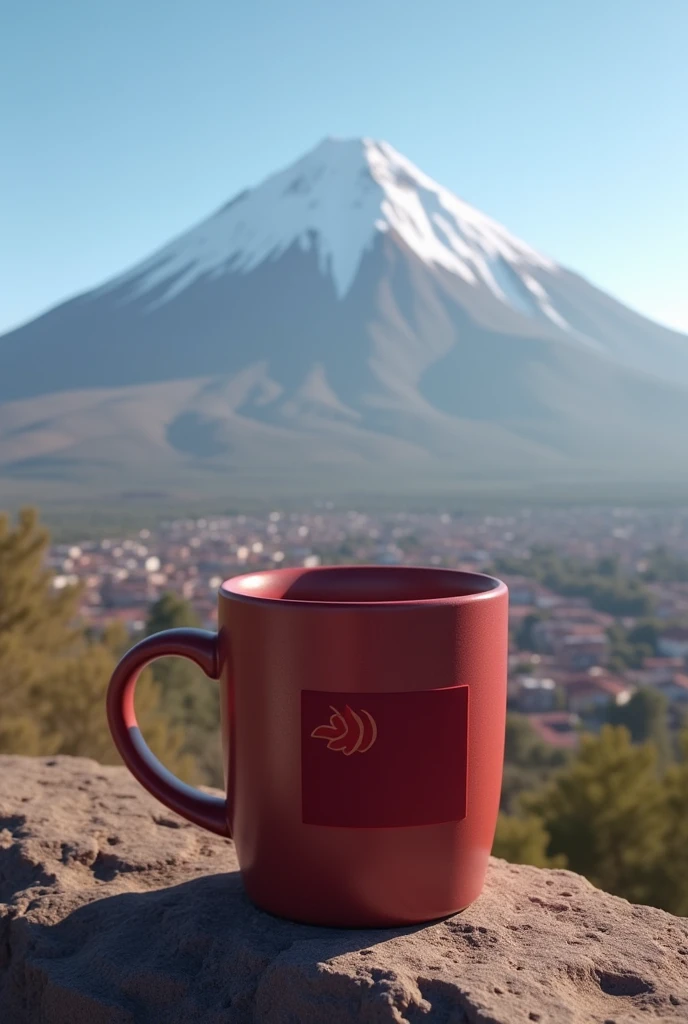 Coffee mug with a wine red flag design inside the mug, and in the background the misti of arequipa 