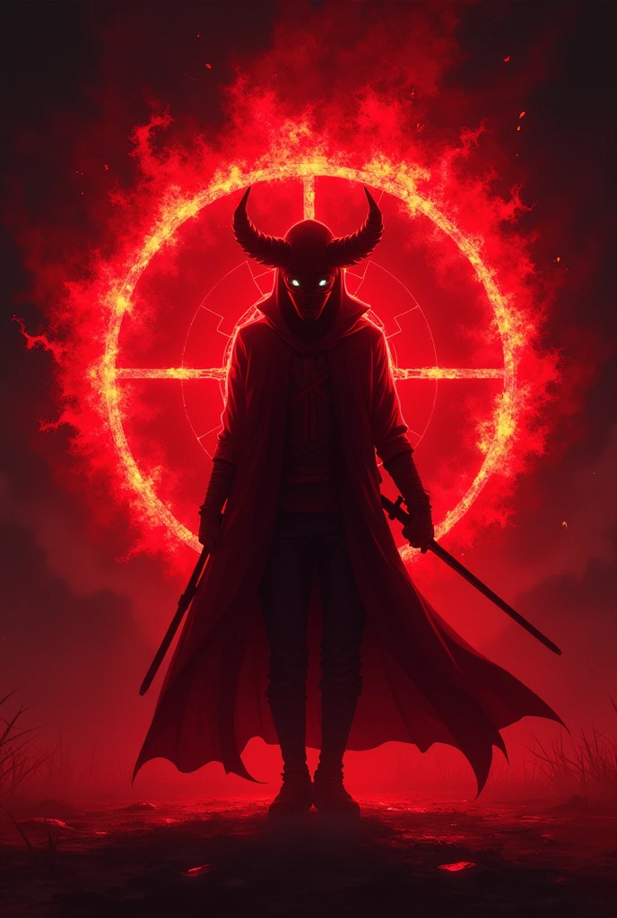 ((Best Quality)), ((masterpiece)), (detailed), an anime style Hunter aura, with, all red color, with la silueta negra de punto de mira en el sentro. With a black background, 