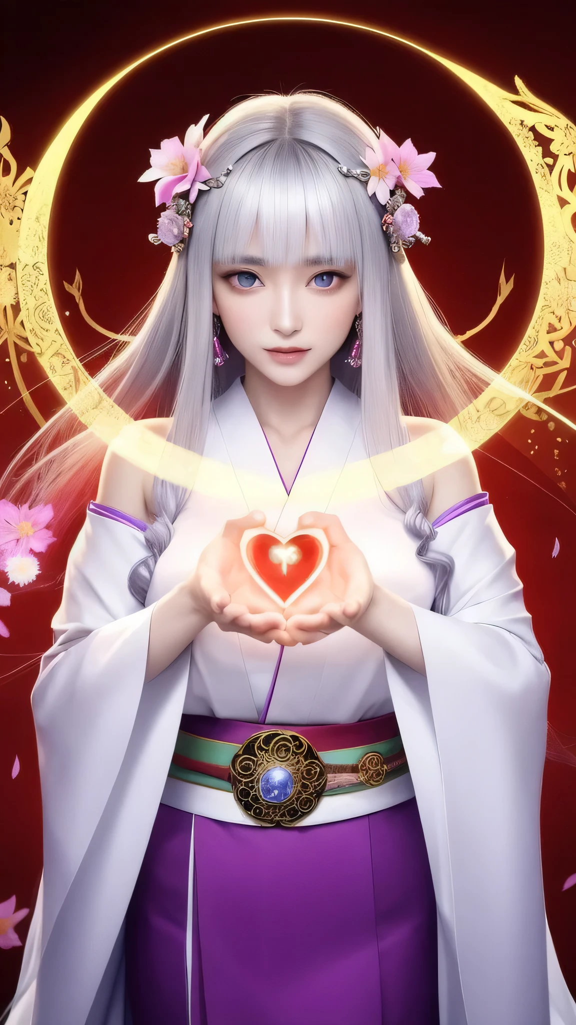 (masterpiece, top quality, 1 female, solo, exquisite details, chromatic aberration), (realistic), (skin), ((breathing)), (silver hair, blunt bangs, cropped straight long hair, short bangs, silver hair), beautiful hair, red headdress, highlights, hair on one eye, beautiful eyes, purple eyes, thick lips, earrings, piercing eyes, ((gold and white kimono)), ((symmetrical eyes)), ((perfectly symmetrical body)), ((perfectly symmetrical hands)), (purerosface_v1:0.3), full moon night, ((self, natural light))), bright lighting, flowers blooming in background, in front of viewer, ((central shot, from the front, (face and shoulders))), mysterious atmosphere, colorful flowers blooming around, bright colored background, shrine maiden in kimono, beautiful shrine maiden, Shrine maiden, fantasy female shrine maiden, female fortune telling shrine maiden, fantasy photography, Japanese style, elegant cinematic fantasy art, fantasy woman, sorceress portrait, powerful wizard surrounded by mystical colorful flowers, holding a glowing heart crystal ball, eyes glowing with mystical energy, spells leaking from her mouth, vibrant sorcery vortexes pulsating with rainbow hues appear in the air, magic permeates, flowers bloom, sacred creatures gaze in awe, threads of magical energy dance, reveal hidden realms, unravel secrets, capture the essence of this enchanting moment and bring to life the mystical power of sorcery on a canvas of the highest quality and finest detail. Top quality, masterpiece, ultra high resolution, (photorealistic: 1.4), RAW photo, sharp focus, high resolution, detailed skin.
Flowers blooming all around, bright colored background, fortune teller in kimono, beautiful fortune teller, fortune teller, fantasy female fortune teller, female fortune teller, fantasy photography, Japanese style, fortune teller in kimono, elegant cinematic fantasy art, fantasy woman, magician portrait, fortune teller, powerful wizard surrounded by mystical colorful flowers, holding a glowing heart c