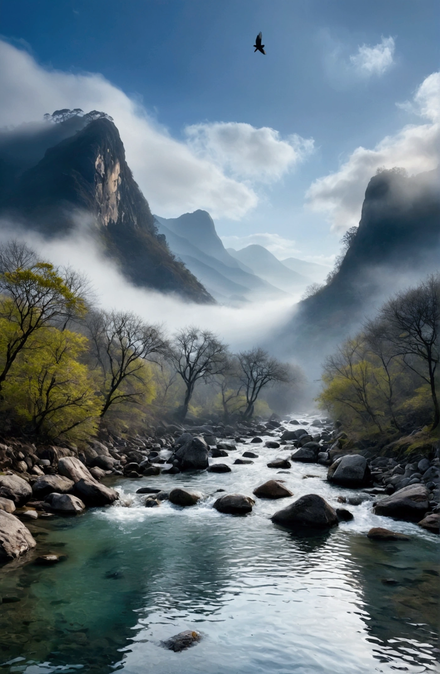 Stream water is clear and transparent,The whole picture is surrounded by clouds and mist,There are several bare rock mountains behind,Clouds and mist,A bird flies across the screen.