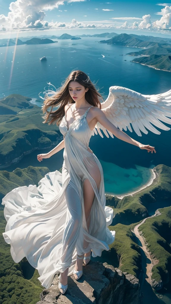 ((A serene summer scene with an ultra-high-definition, realistic angel flying gracefully in the sky)), The angel is facing towards the camera with lifelike facial features and detailed textures, The angel has intricately detailed white wings, fully extended as it soars through the air in an elegant, natural pose, The angel has platinum blonde hair flowing gently in the wind, with realistic light reflections and highlights, emphasizing the sensation of movement, The angel is dressed in a flowing white outfit, adding a sense of purity and grace, The angel holds a silver staff, adding a touch of mystique and power, The theme color of the scene is blue, reflected in the angel's attire, the sky, and the overall color palette The background features a clear summer sky with a soft, highly detailed rainbow arching across it, enhancing the feeling of wonder and beauty, ((The scene takes place in a celestial world, with floating islands and ethereal clouds, adding a magical and otherworldly atmosphere Soft, white clouds accompany the rainbow, adding depth to the sky)), Below, a green land and blue ocean are visible from a high angle, with realistic lighting and shadows, The landscape features gently rolling hills and a distant, vividly detailed sea, as seen from a high vantage point in this sky-bound world, The image is captured in a vertical 9:16 aspect ratio, emphasizing ultra-realistic textures, depth, and the dynamic nature of flight in a heavenly realm,"full-body shot","elegant attire"