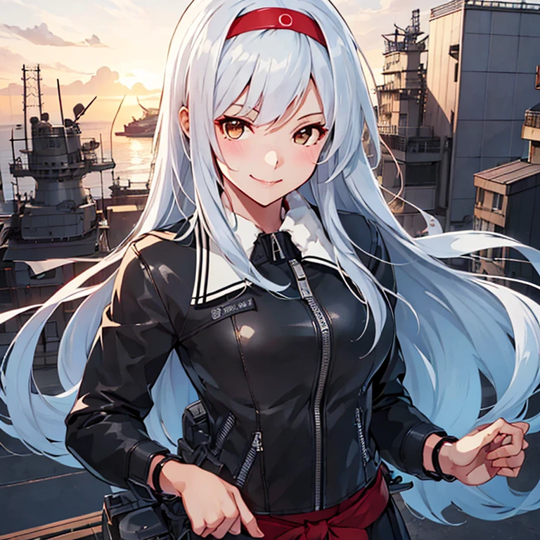 
shoukaku_kantaicollection,
long_hair, hairband, white_hair, brown_eyes, smile, headband, 
 (masterpiece:1.4),(best quality:1.4), (amazing), (great illustration:1.4), (ultra-detailed:1.4), (art CG, 8K),1girl solo,full body,KonishiCSA, 
Black Leather Jacket,