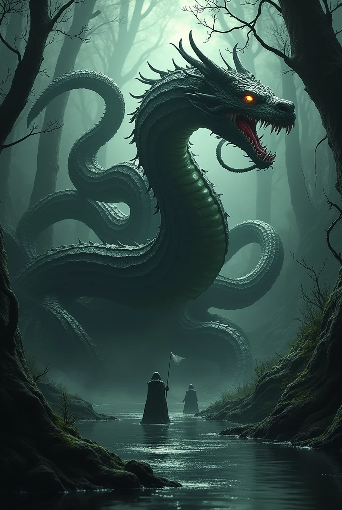 a monstrous nine-headed serpent, hydra, terrorizing the region of lerna, each time a head was cut off two new ones grew in its place, detailed serpent anatomy, dramatic lighting, fantasy, dark and gritty, highly detailed, 8k, cinematic, chiaroscuro, moody atmosphere, dramatic composition, elaborate scales, piercing eyes, gaping jaws, photorealistic, masterpiece