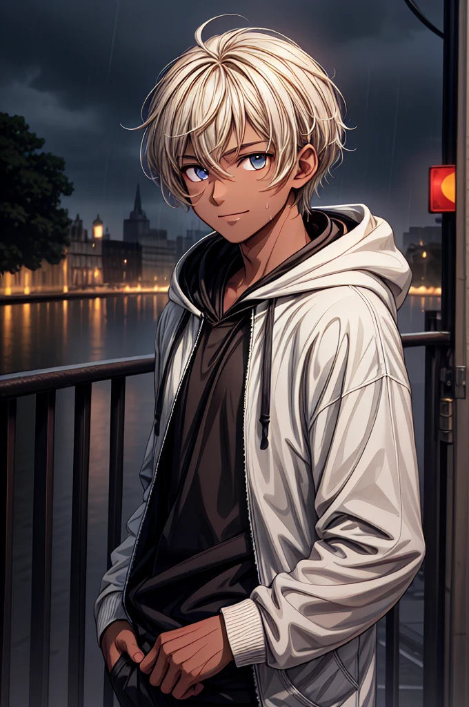 {{top-quality,masterpiece,8k wallpaper}},top-quality,Ultra-detailed CG Unity,Particle,Cinematographic lighting,lensflare,((1 teenager)),a handsome,youthfulness,a 20-year-old boy,slender,close up of face,Looking at the camera,{{Sunburned skin,Brown skin,Brown-skinned,Arab}},Smile softly,Delicate eyes,Dark blue eyes,platinum-blonde-hair,Hair of short length,hair messy,dark boy,Wearing a hoodie,Skin gets wet,Rainy city,England at night,Rainy England Cities.