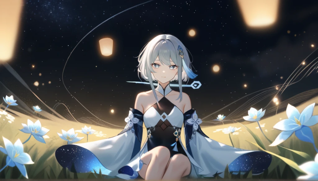 1girl, guizhong_\(genshin_impact\),light grey hair,short_hair_with_long_locks,starry_sky_print,detached_sleeves, long sleeves_past_fingers,hanfu,illustrated by matsuryuu and agahari and dsmile,pale blue eyes,stunning field of softly glowing blue and white glaze lilies,night scene,gentle smile,moonlight,glossy lips,vivid anime coloring,cel shading,smooth, soft dreamy focus,anklet,halter_top,white clothes,highly detailed,digital painting,field of flowers,bare_shoulders,wlop,barefoot,cool night tones, magical night scene,masterpiece, best quality, film, bokeh, professional, 4k, highly detailed,fireflies,Guardian nebula of rainbow light and silvery vapor,