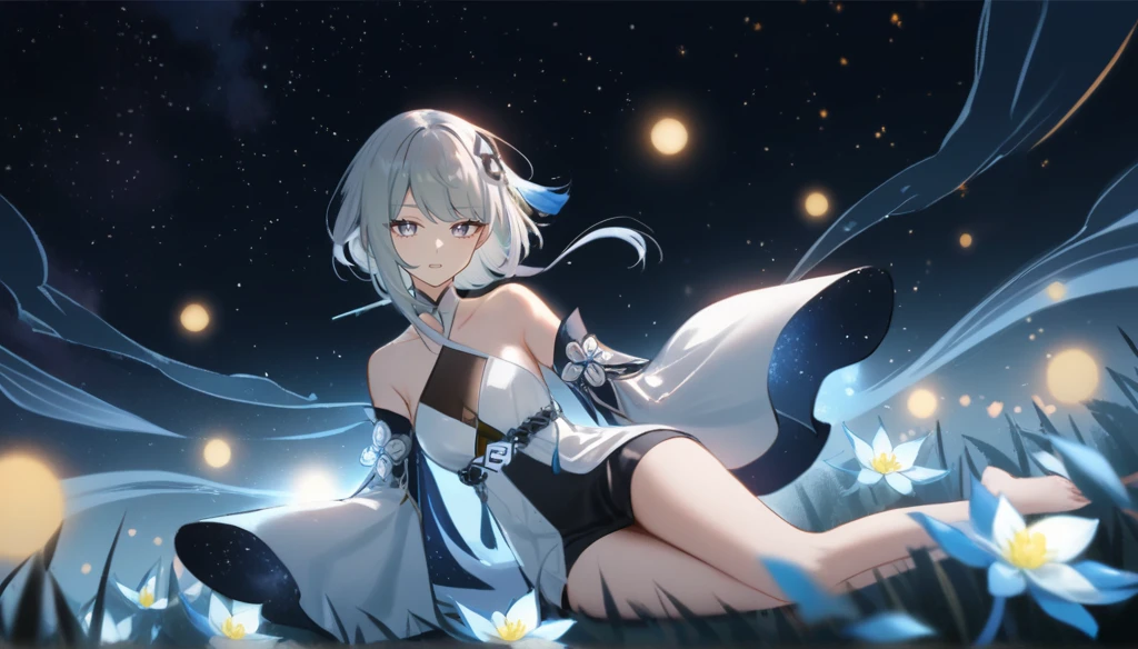 1girl, guizhong_\(genshin_impact\),light grey hair,short_hair_with_long_locks,starry_sky_print,detached_sleeves, long sleeves_past_fingers,hanfu,illustrated by matsuryuu and agahari and dsmile,pale blue eyes,stunning field of softly glowing blue and white glaze lilies,night scene,gentle smile,moonlight,glossy lips,vivid anime coloring,cel shading,smooth, soft dreamy focus,anklet,halter_top,white clothes,highly detailed,digital painting,field of flowers,bare_shoulders,wlop,barefoot,cool night tones, magical night scene,masterpiece, best quality, film, professional, 4k, highly detailed,Guardian nebula of rainbow light and silvery vapor,starry,cosmic,goddess,rich color,hdr,silver moon,

A woman shrouded in mystery, Stand gracefully on the endless shore, Surrounded by shimmering stardust, The bell Creates a faint glow in the haze. Her face, Full of expression and depth
