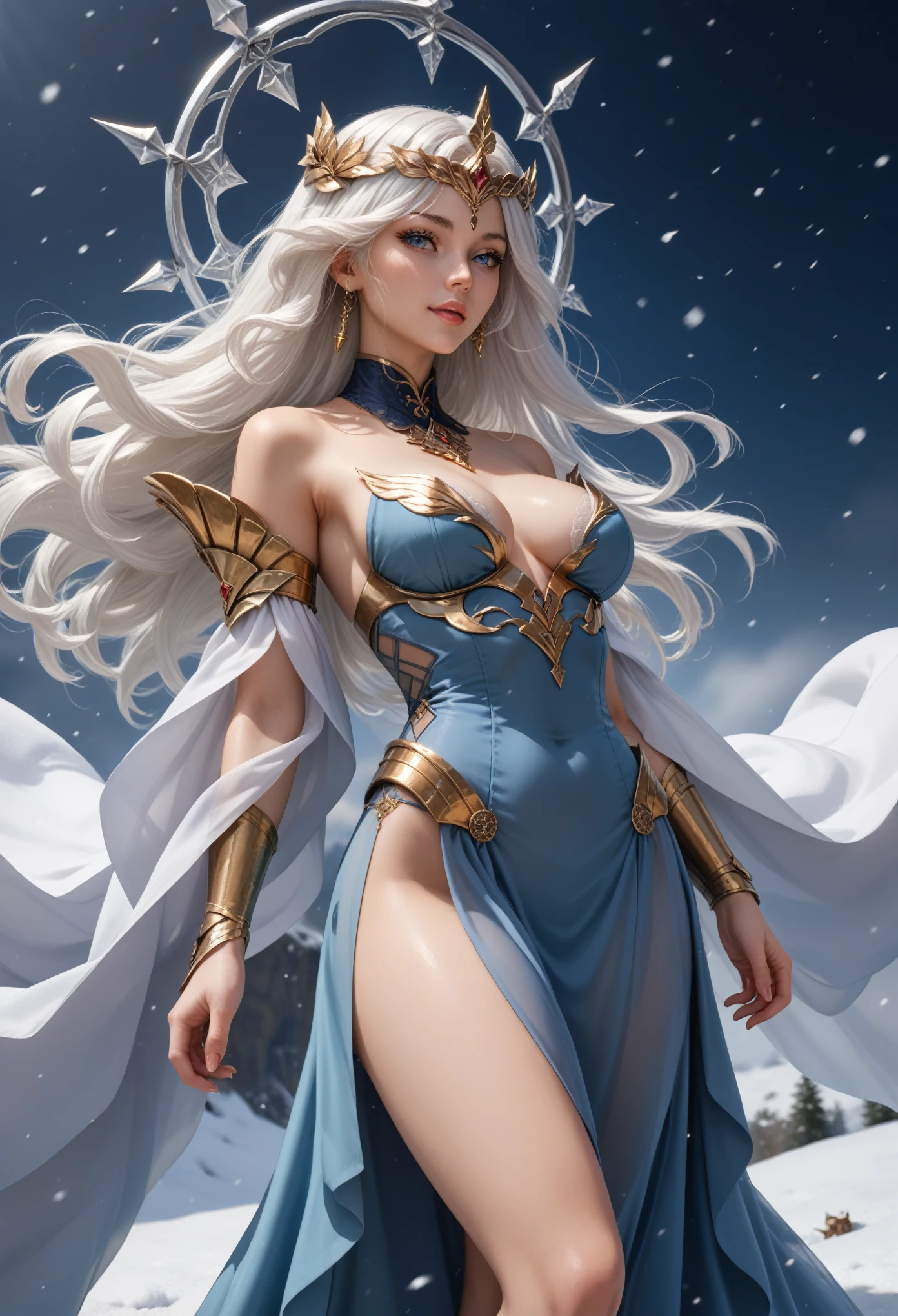 Anime girl with long white hair and blue dress in the snow, white-haired deity, white hair floating in the air, Anime fantasy illustration, Loose white hair, beautiful young spirit of the wind, beautiful fantasy anime, glowing flowing hair, Ethereal anime, beautiful anime works, beautiful digital images, anime fantasy artwork, ((fair empress fantasy)), 2. 5 d cgi anime fantasy artwork,cinematic film still,score_9,score_8_up,score_7_up,masterpiece,best quality,8k,source_cartoon,source_アニメ,shine clothes, A masterpiece of the spirit of pfstyle