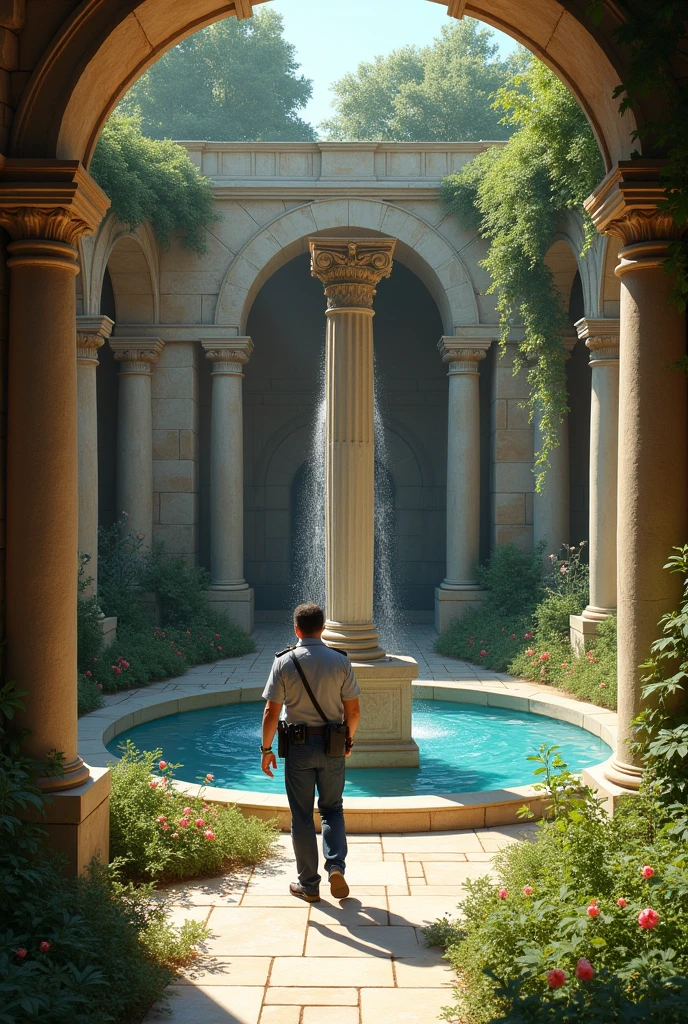 Inner garden with flourish water, a Classic column, quite ancient Rome looking, a policeman walking there