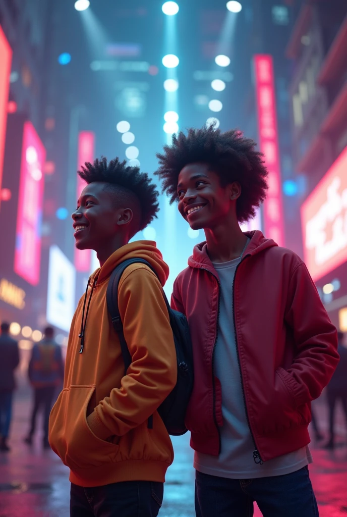 "A dynamic image of the two black boys, now young black adults, streaming with passion, surrounded by bright lights, multiple screens, and an energized atmosphere, symbolizing their growth."hyper-realistic, 8k, ultra hd, Pixar style, Disney style, cinema 4d, --ar 3:2