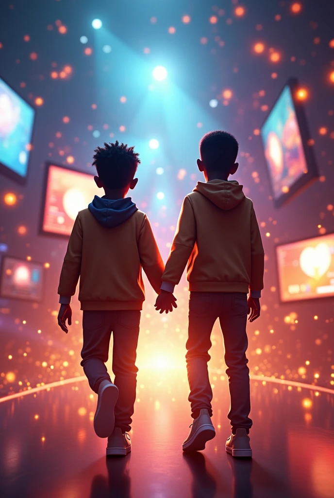 "A dynamic image of the two black boys, now young black adults, streaming with passion, surrounded by bright lights, multiple screens, and an energized atmosphere, symbolizing their growth."hyper-realistic, 8k, ultra hd, Pixar style, Disney style, cinema 4d, --ar 3:2