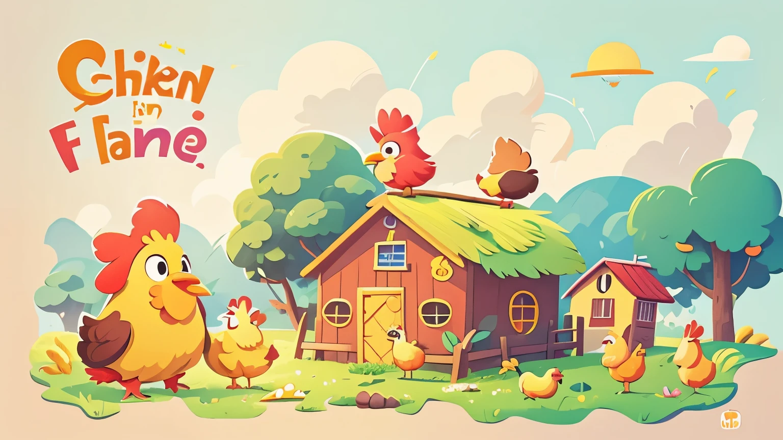 A lively farm scene with a chicken (ayam) depicted in a playful and vibrant manner. Text overlay: 'A untuk ayam'. The chicken is surrounded by colorful farm elements like hay and a barn. inspired by Goro Fujita, promotional art, illustration for children, by Choi Buk, by Murakami, 2d digital illustration