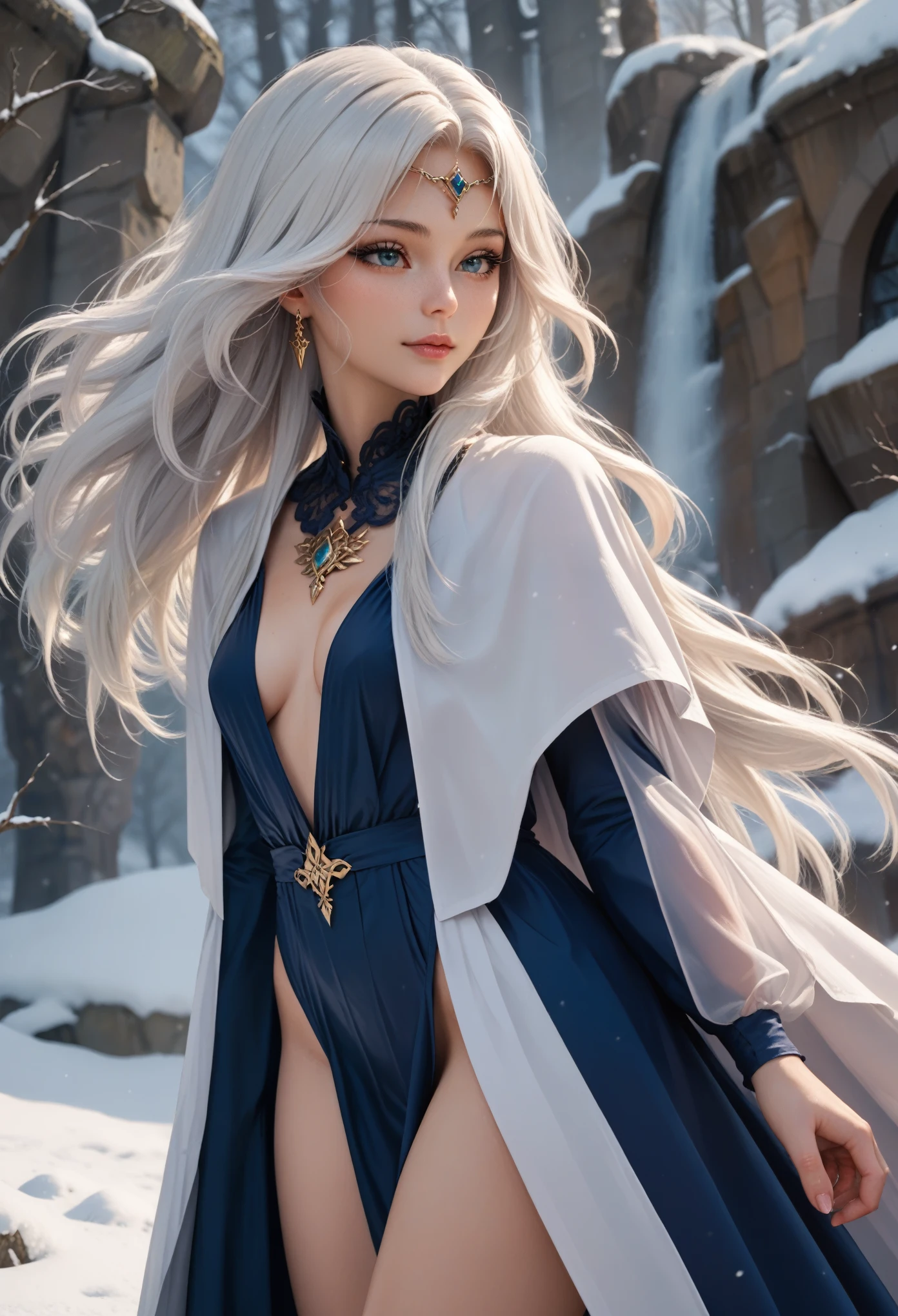 Anime girl with long white hair and blue dress in the snow, white-haired deity, white hair floating in the air, Anime fantasy illustration, Loose white hair, beautiful young spirit of the wind, beautiful fantasy anime, glowing flowing hair, Ethereal anime, beautiful anime works, beautiful digital images, anime fantasy artwork, ((fair empress fantasy)), 2. 5 d cgi anime fantasy artwork,cinematic film still,score_9,score_8_up,score_7_up,masterpiece,best quality,8k,source_cartoon,source_アニメ,shine clothes, Masterpiece of the spirit