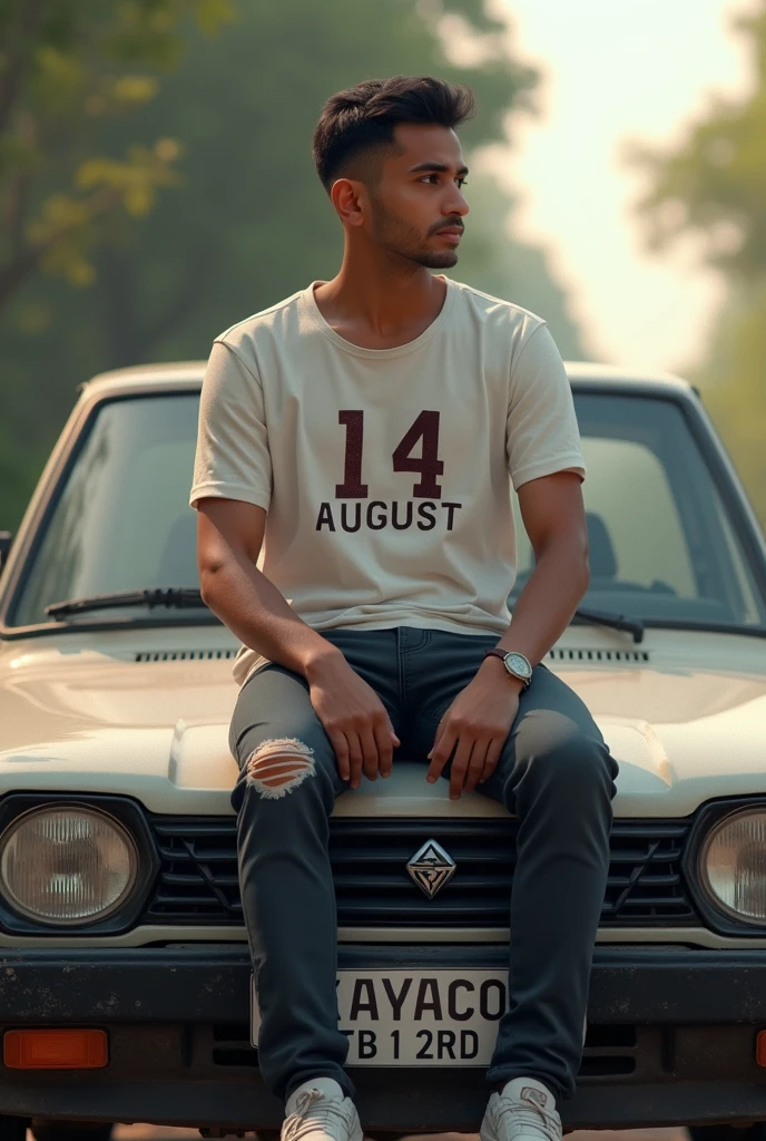 Wearing 14 August shirt name Abdullah and siting on car