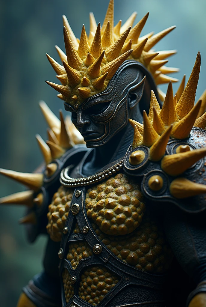 a durian warrior, durian skin armor, sharp spikes, medieval fantasy, dark moody atmosphere, dramatic lighting, highly detailed, cinematic, epic, 8k, masterpiece, photorealistic