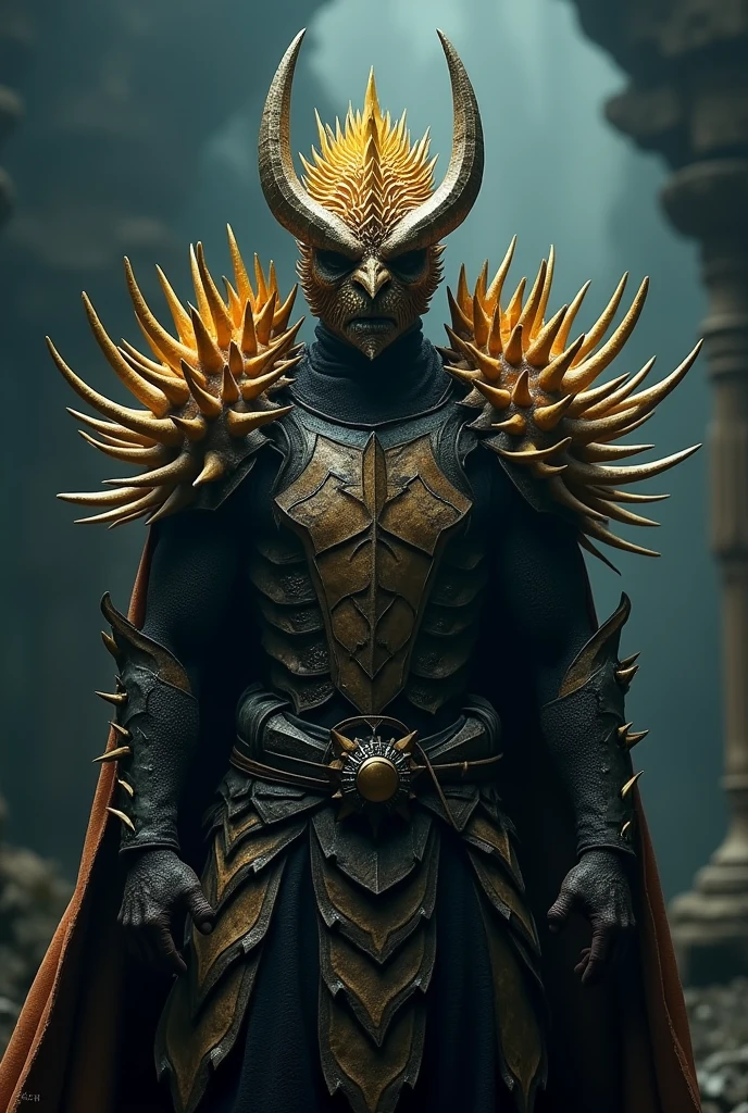 a durian warrior, durian skin armor, sharp spikes, medieval fantasy, dark moody atmosphere, dramatic lighting, highly detailed, cinematic, epic, 8k, masterpiece, photorealistic