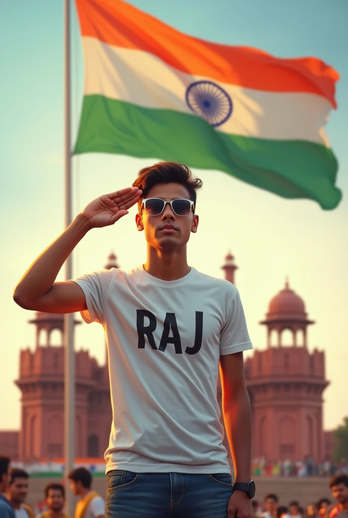 Create a Realistic picture of an 18-year old boy wearing a white t shirt and blue jeans.he is saluting a big flying Indian flag, with the red fort in the background. The name "RAJ" on is written"t shirt in bold letters, sunglasses. The overall image should have a divine background, reminiscent of republic day, with people celebrating