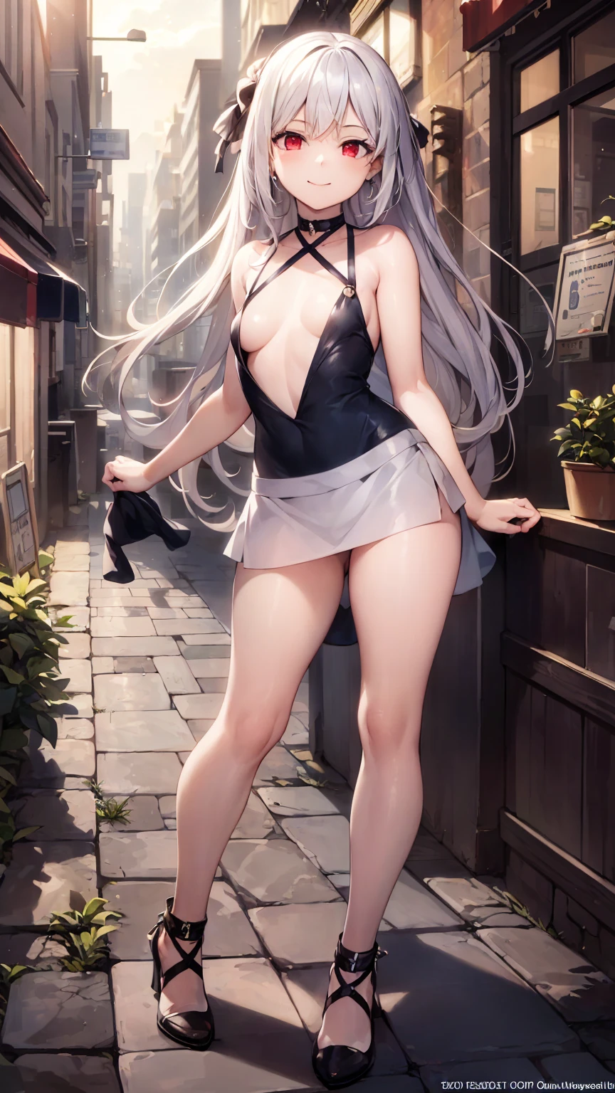 (masterpiece, top quality, best quality, official art:1.2), anime, 1 girl, full body, silver hair, red eyes, long hair, small breasts, casual clothes, cityscape, gentle smile, masterpiece, 8k, high quality, detailed art