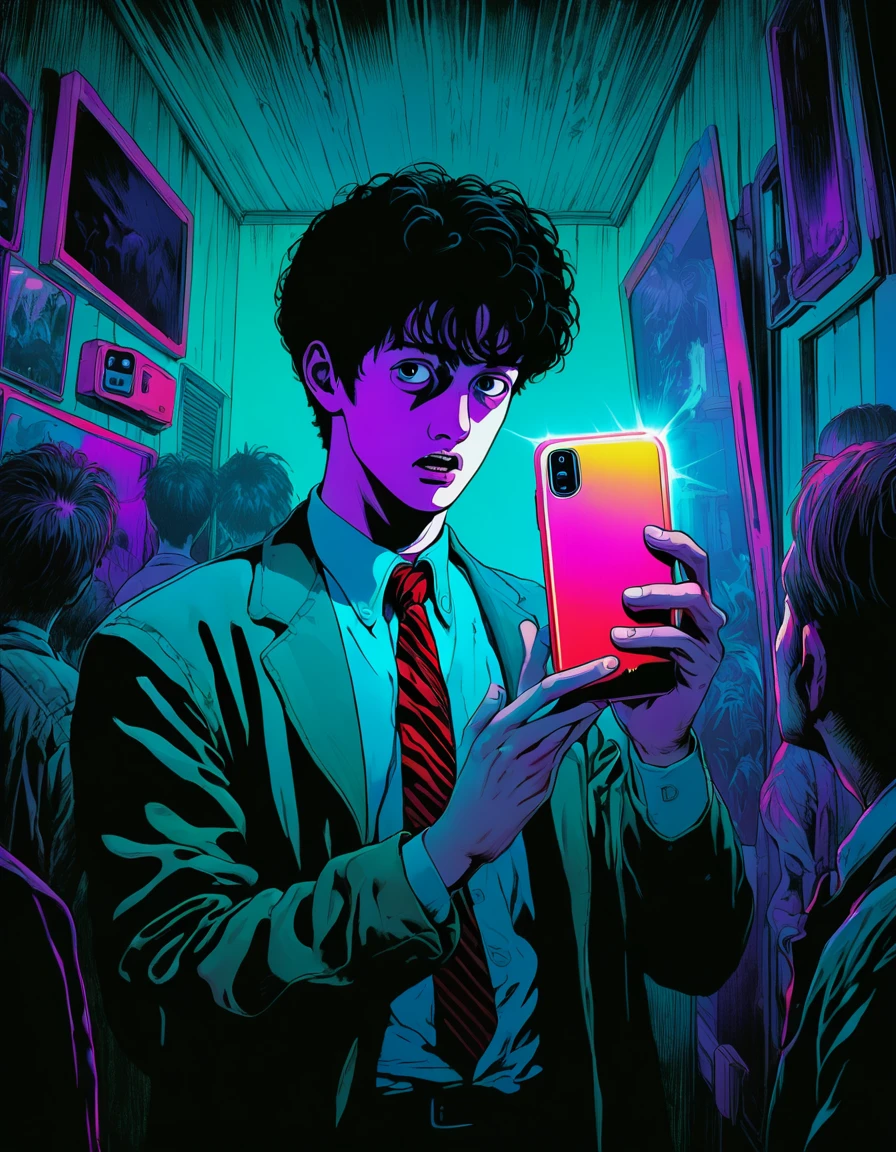 a man shocking to see smartphone on hand,illust、art、from 80s horror movie, directed by Junji Ito、nightmare、high detail, realsitic shadow、Analog style, chromatic aberration,Complementary color gradient、Surrealism