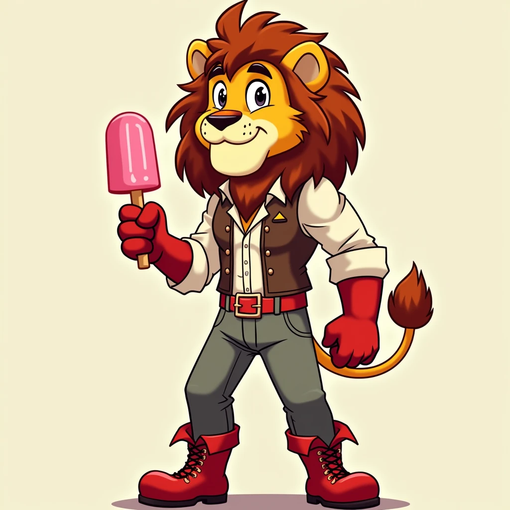 Paddle Pop lion, paddle pop begins cartoon, wears a white shirt with details in the collared with a brown vest, red gloves,gray pants thick fabric, red belt in style feline and boots red with details, extremely beautiful face, muscular body, gentle look, hot, eating ice cream, tall, slender