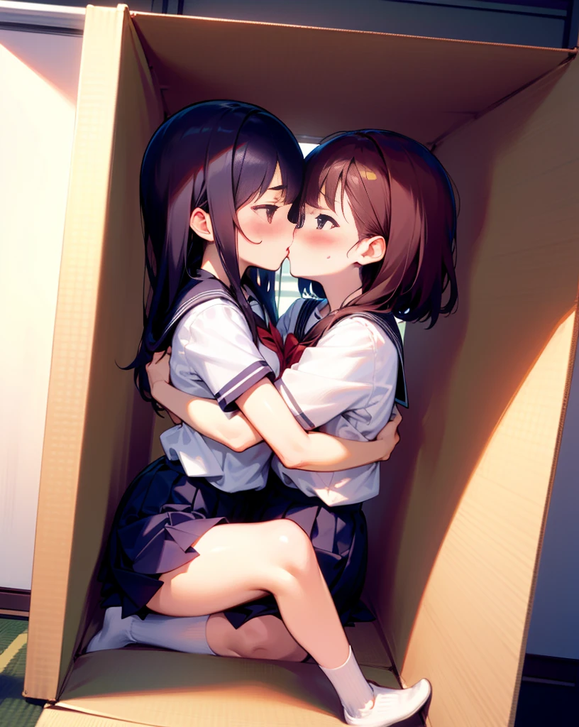 8k,masterpiece,Japanese,best quality, two (schoolgirls:1.4), kiss, (crowded box:1.3), (reluctantly:1,4), (blush:1.4), breasts