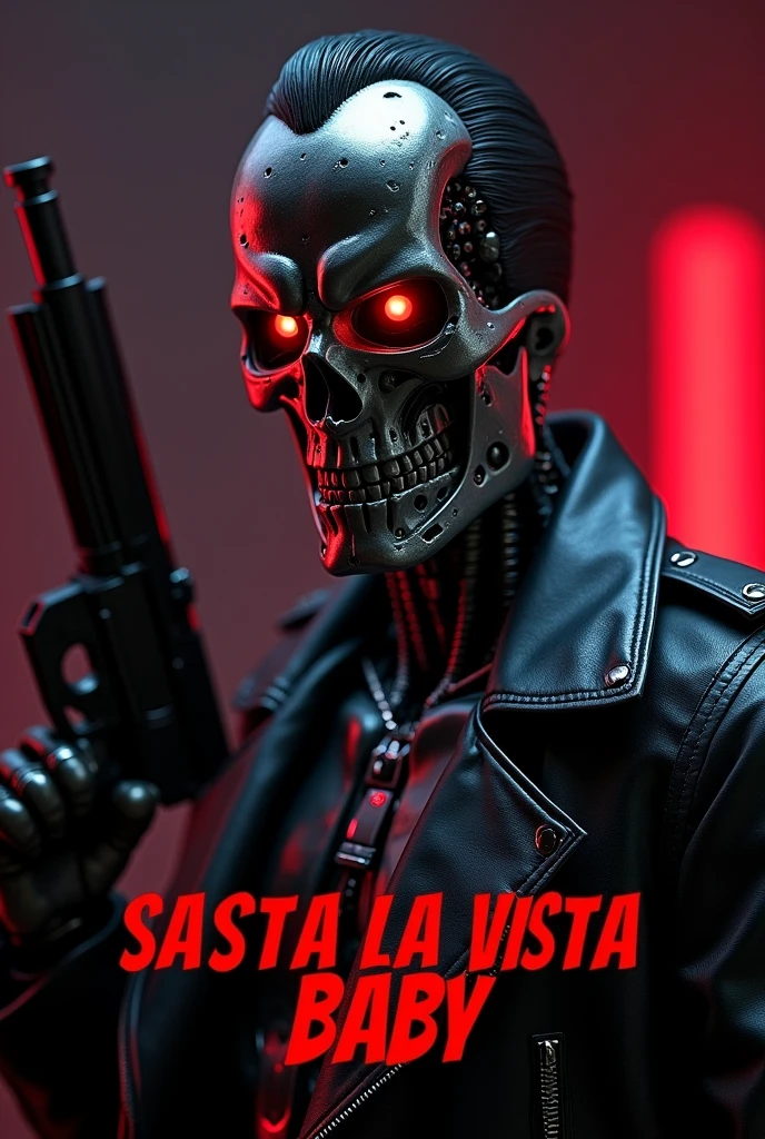 a terminator arnold t 800, wearing black leather jacket, holding a gun, detailed metal exoskeleton, glowing red eyes, aggressive expression, Stylish text in below reading "Hasta La Vista Baby", dark moody lighting, cinematic dramatic lighting, photorealistic, 8k, ultra detailed, hyperrealistic, intricate details