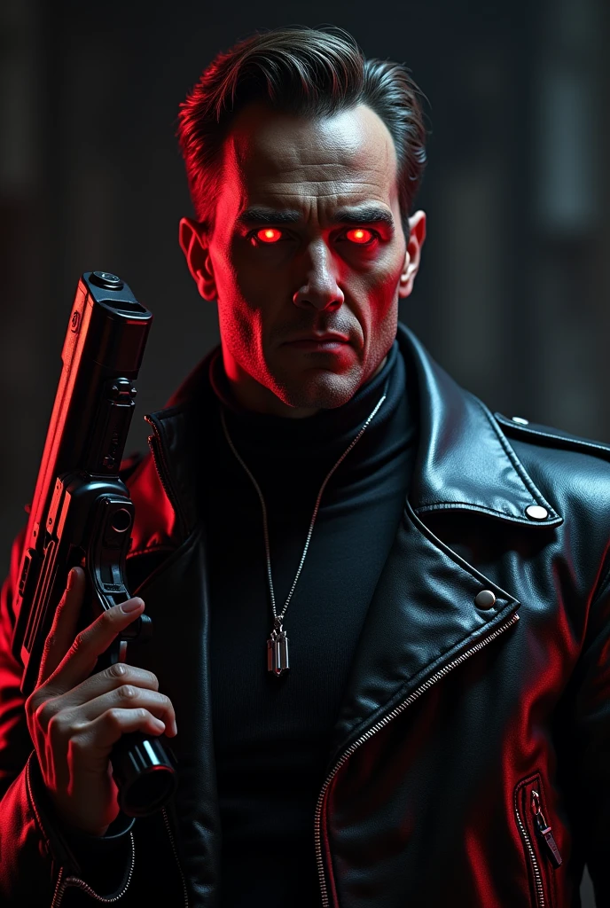 a terminator arnold t 800, wearing black leather jacket, holding a gun, detailed metal exoskeleton, glowing red eyes, aggressive expression, Stylish text in below reading "Hasta La Vista Baby", dark moody lighting, cinematic dramatic lighting, photorealistic, 8k, ultra detailed, hyperrealistic, intricate details