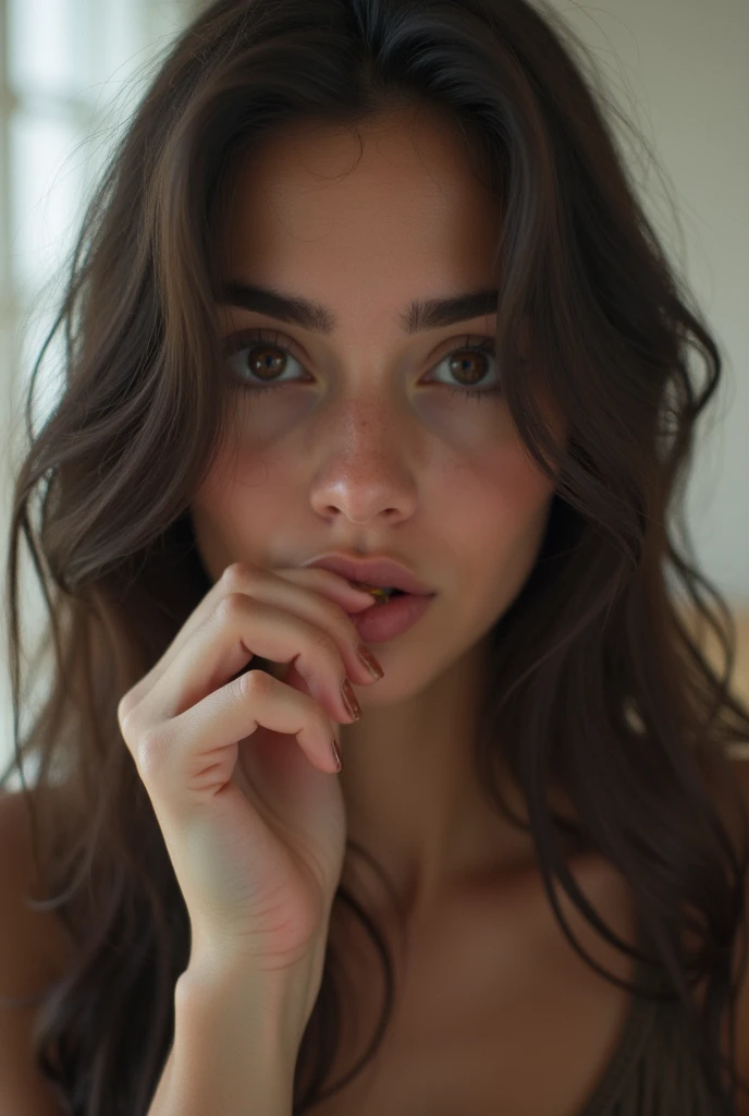 photo réaliste : une femme belle, brune, cheveux courts avec couettes, les deux mains derrière la tête, tire la langue, à genoux dans un appartement