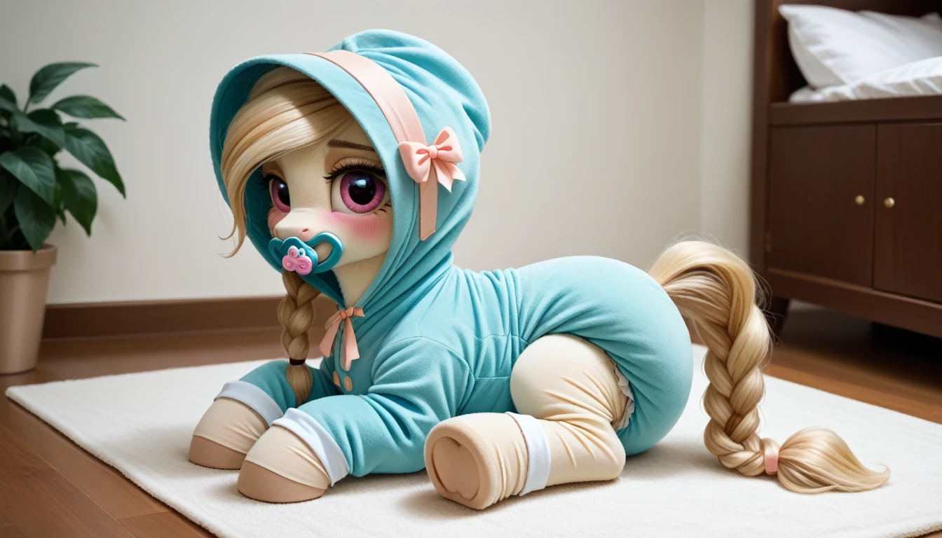 pony, beige earth pony, no horn, no wings, adult mare, lush mane braided, bushy tail, sitting in the room on a soft play mat, dressed in onesie, bonnet and booties, pacifier in mouth, solo, thick diaper under clothes, pink blush on cheeks, Embarrassment, Awkwardness.