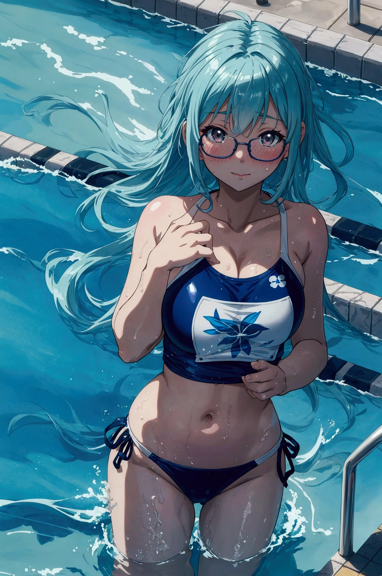 highest quality、Realistic、woman、Japanese、zoom、cute、Ocean、Cobalt blue eyes、Green hair、Twin tails、Swimwear、Face close-up、thin、Small breasts、smile、Glasses