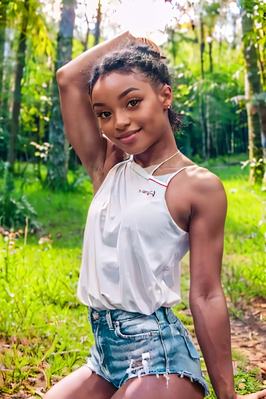 beautiful girl, (((((small)))), showing face, protruding tongue, short hair, brown, 8k, professional photography, delicate, clear, in the forest, sun, light leakage, masterpiece, (beautiful)))), (reality)))), smile, fantastic, angel, young, wearing a white tank top and white short shorts