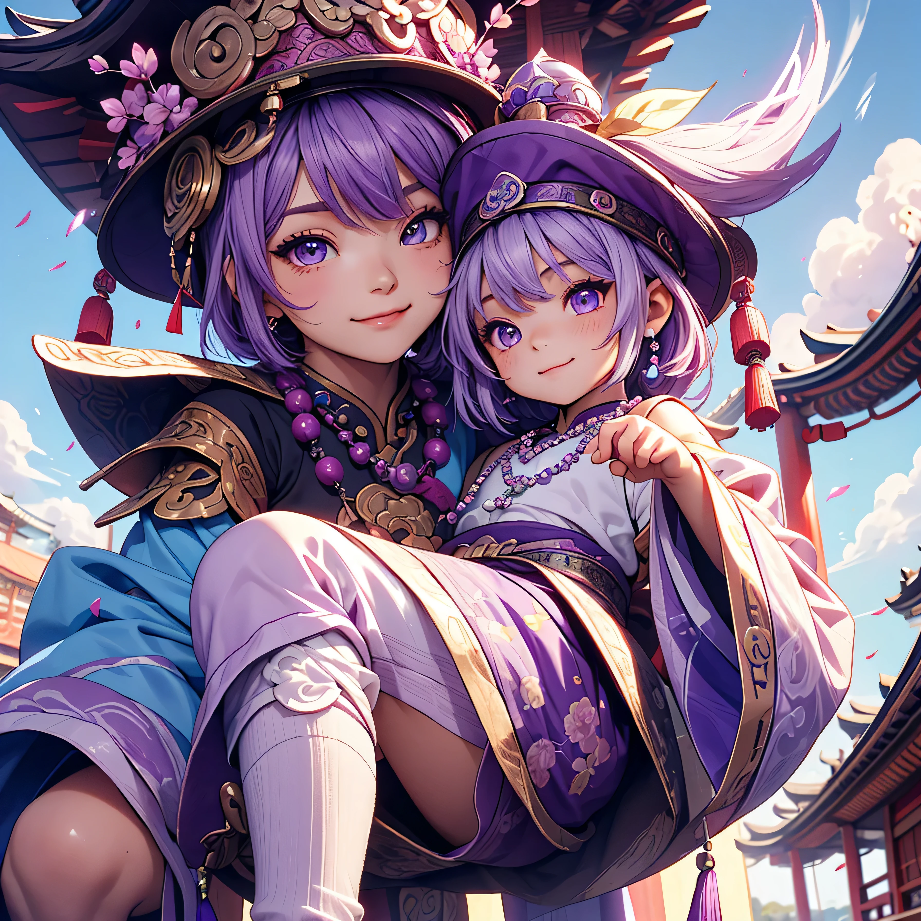 1 little chibi girl, light purple hair, dark purple hat, magenta eyes, purple and blue outfit, long white socks, big beads necklace, chinese clothes, old chinese temple, sky