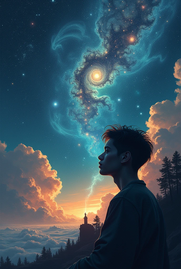 A stunning astronomical image, such as a galaxy or nebula, with a person's face or silhouette in the foreground, looking contemplative, Illustration drawing stoicism
