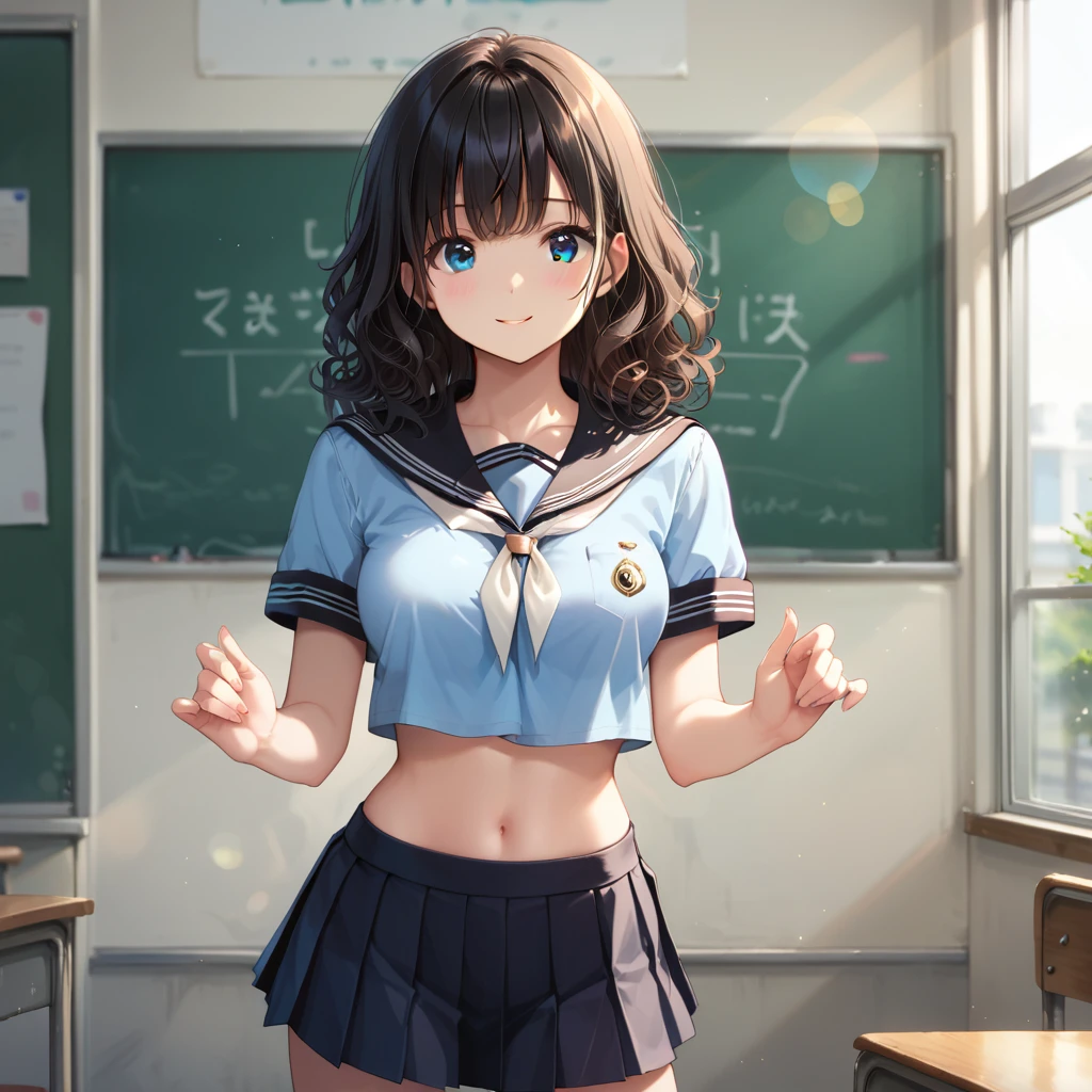 ((school uniform, midriff)), score_9, score_8_up, score_7_up, source_anime, two hands, two legs, five fingers, anime_style, expressive, girl, solo, detailed face, cinematic lights, anime, anime style, cute, (detailed art, best quality, better face, anime style, better style), detailed face, cute face, (adult girl), ((black short skirt)), medium breasts, (1 girl), black hair, blue eyes, medium hair, curly hair, bangs,