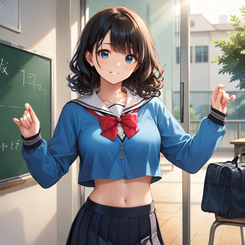 ((school uniform, midriff)), score_9, score_8_up, score_7_up, source_anime, two hands, two legs, five fingers, anime_style, expressive, girl, solo, detailed face, cinematic lights, anime, anime style, cute, (detailed art, best quality, better face, anime style, better style), detailed face, cute face, (adult girl), ((black short skirt)), medium breasts, (1 girl), black hair, blue eyes, medium hair, curly hair, bangs,