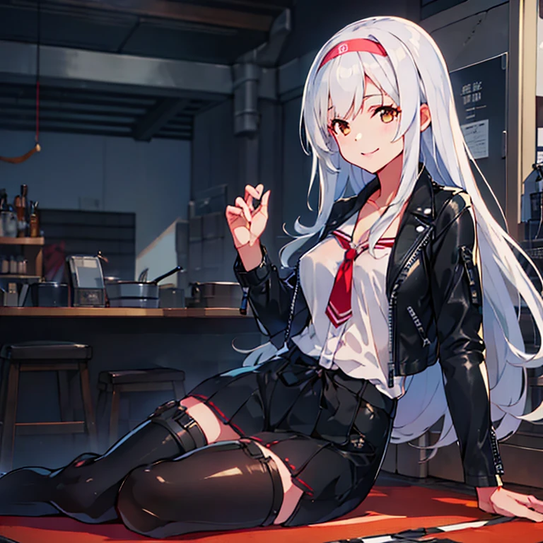 
shoukaku_kantaicollection,
long_hair, hairband, white_hair, brown_eyes, smile, headband, 
 (masterpiece:1.4),(best quality:1.4), (amazing), (great illustration:1.4), (ultra-detailed:1.4), (art CG, 8K),1girl solo,full body,KonishiCSA, 
(Black Leather Jacket:1.4),