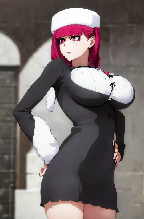 (masterpiece, Detailed Image,detailed picture) Sexy Riruka Dokugamine in her dress and hat, bleach girl, top quality, 16 thousand, ultra-detailed, black stockings, girl stands posing with her hand on her waist, beautiful Riruka Dokugamine, Big breasts, bitch face, wet boobs and pussy