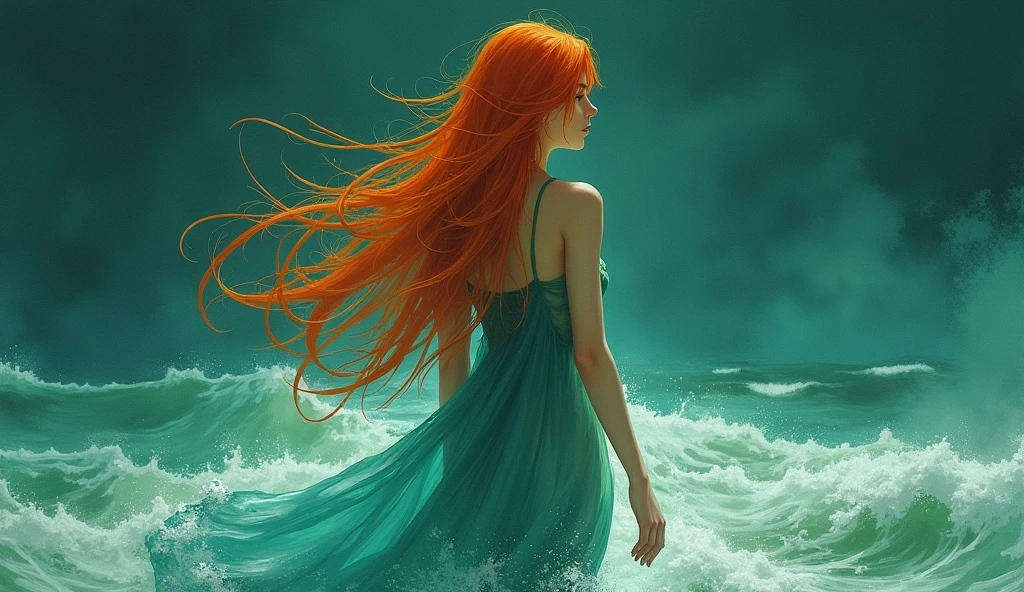 (masterpiece, Highest quality), ((One girl, alone, Long Hair)), Ishmael_edge, Innocent look, Bare arms, Exposing shoulders, Bare neck, watercolor, Sundress, Liquid clothing, water, Wave, water dress, green_theme, night, haze, dark, Sharp focus, Ocean, See-through dress, Orange Hair