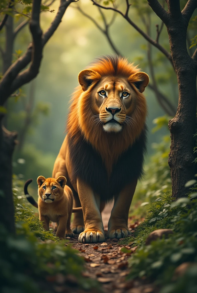 A real lion lives with a group of small animals in a beautiful deep forest