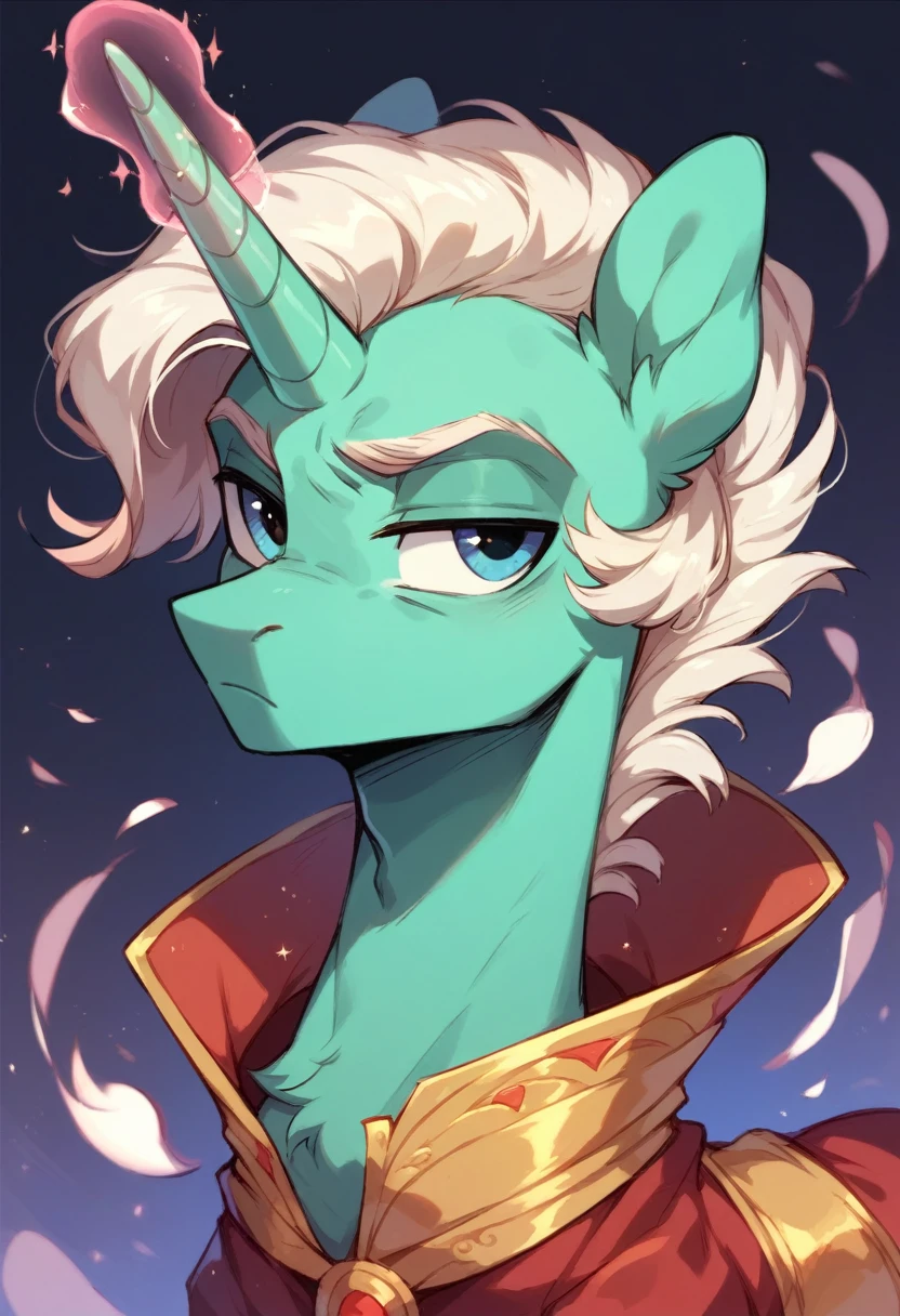 A beautiful male Unicorn pony. Slim, serious face. Magic. The clothes are beautiful and sophisticated. Decorating.Defects in the body.Male gender.Male gender.Male gender.
